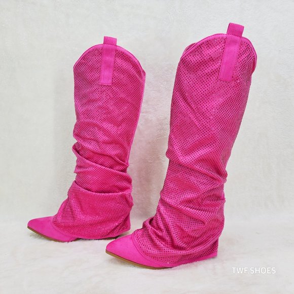 Country Twist Fuchsia Draped Rhinestone Fold Over Western Cowgirl Boots - Picture 10 of 13